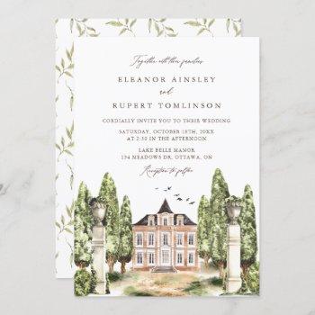 vintage watercolor english manor wedding invitation