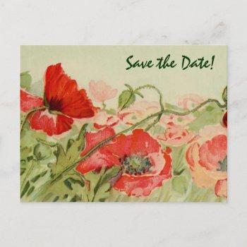 Small Vintage Wedding, Red Poppies Flowers Save The Date Announcement Post Front View