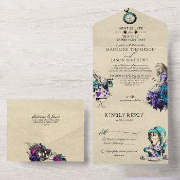 vintage whimsical dark alice in wonderland wedding all in one invitation