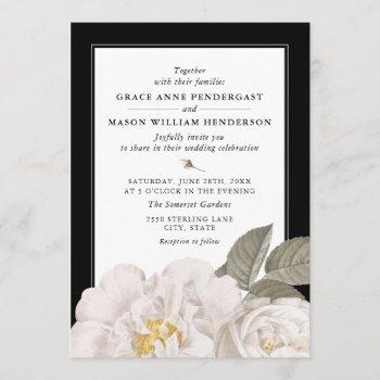 vintage white rose botanical floral black wedding invitation