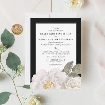 vintage white rose botanical floral black wedding invitation