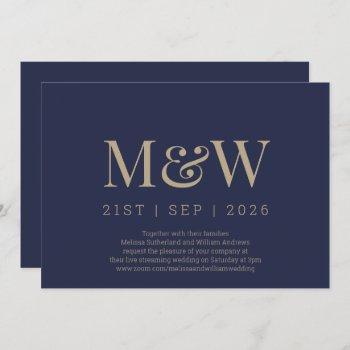 virtual modern navy gold monogram wedding invitation