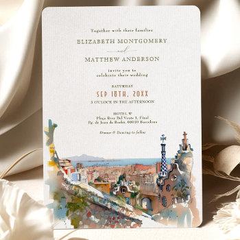 watercolor barcelona park guell wedding invitation
