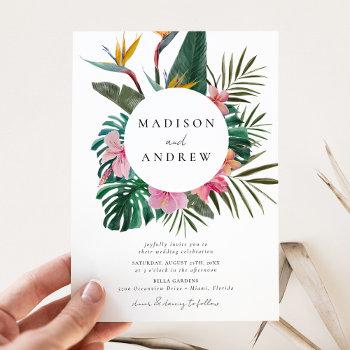 watercolor bird of paradise wreath wedding invitation