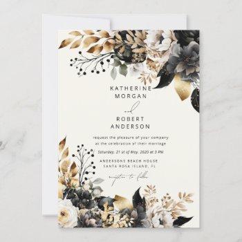 watercolor black gold floral wedding invitation