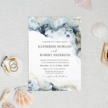 watercolor blue and gold minimalistic wedding invitation