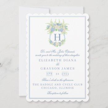 watercolor blue and white hydrangea crest wedding invitation
