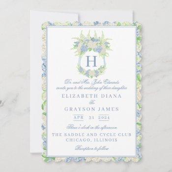 watercolor blue and white hydrangea crest wedding invitation