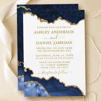 watercolor blue white gold marble geode wedding invitation