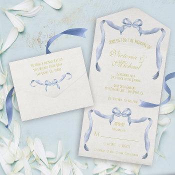watercolor bow ribbon wedding all in one invitation
