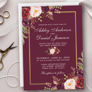 watercolor burgundy floral gold frame wedding invitation