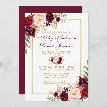 watercolor burgundy floral gold wedding invitation