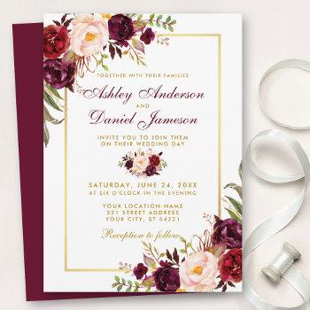 Small Watercolor Burgundy Floral Gold Wedding Front View