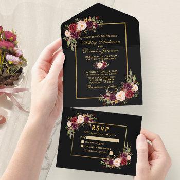 watercolor burgundy floral wedding gold all in one invitation