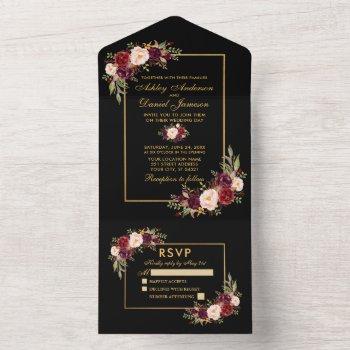 watercolor burgundy floral wedding gold and black all in one invitation