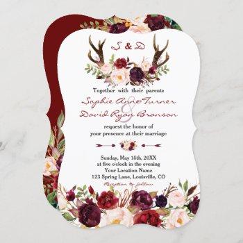 watercolor burgundy marsala floral antlers wedding invitation