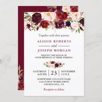 watercolor burgundy red floral rustic boho wedding invitation
