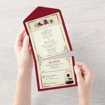 watercolor burgundy red rose wedding invitation