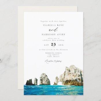 watercolor cabo mexico skyline wedding invitation