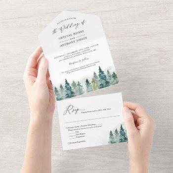 watercolor chic pine tree forest winter wedding all in one invitation