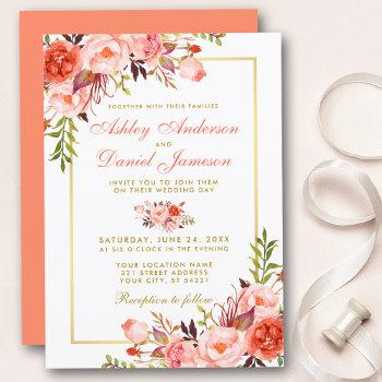 watercolor coral floral gold frame wedding invitation