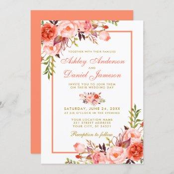 watercolor coral floral gold wedding invitation