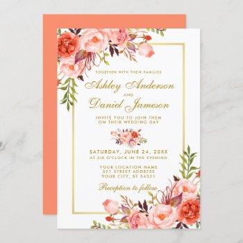 watercolor coral floral wedding gold script invitation