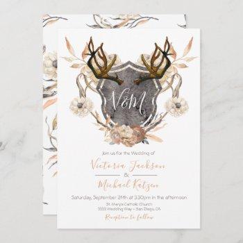 watercolor crest floral antler wedding invitations