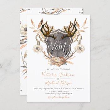 Small Watercolor Crest Floral Antler Wedding Front View
