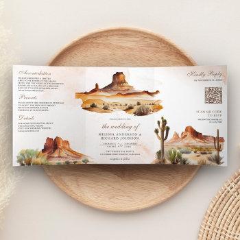 Small Watercolor Desert Mountain Cactus Qr Code Wedding Tri-fold Front View