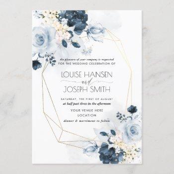 watercolor dusty blue garden roses wedding invitation