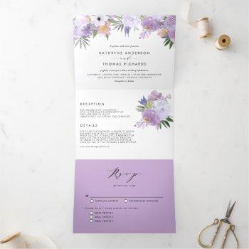watercolor dusty purple flowers botanical wedding tri-fold invitation