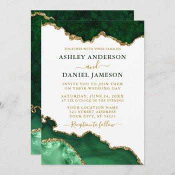 watercolor emerald green gold marble geode wedding invitation