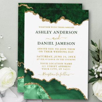 watercolor emerald green gold marble geode wedding invitation