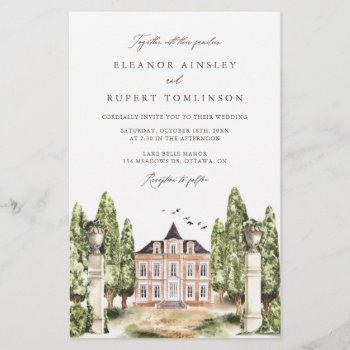 watercolor english manor house wedding invitation