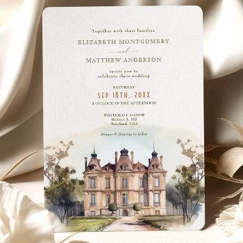watercolor english manor wedding invitation
