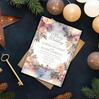 watercolor floral and holiday lights wedding invitation