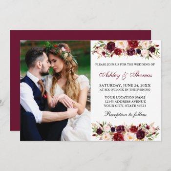 watercolor floral burgundy photo wedding invitation