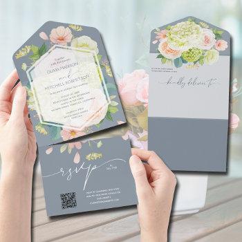 watercolor floral dusty blue wedding qr code all in one invitation