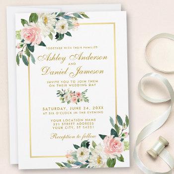 watercolor floral pink blush white gold wedding invitation