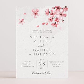 watercolor floral pink cherry blossom wedding invitation