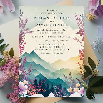 watercolor floral spring mountains wedding invitation