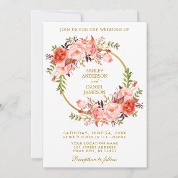 Small Watercolor Floral Wreath Coral Gold Wedding Front View
