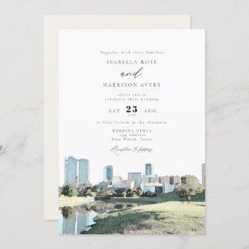 watercolor fort worth texas city skyline wedding invitation