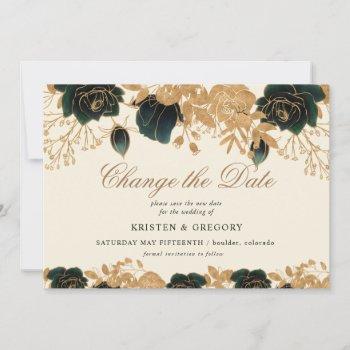 watercolor gold and green roses change the date invitation