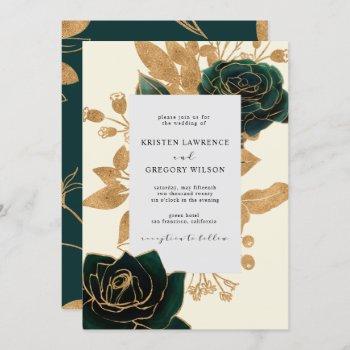 watercolor gold roses wedding invitation