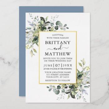 watercolor greenery wedding dusty blue gold foil invitation