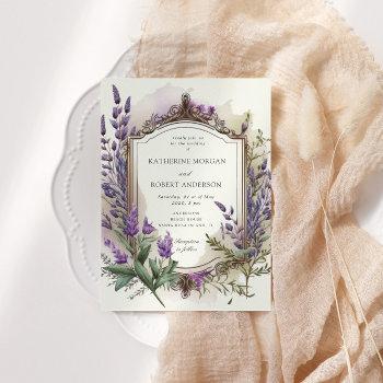 watercolor lavender floral regal gold wedding invitation