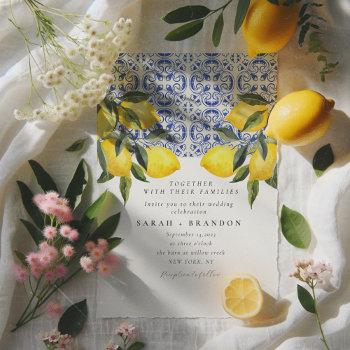 watercolor lemon  blue tile mediterranean wedding invitation
