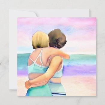watercolor lesbian couple on beach wedding invitation